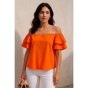 Alice + Olivia Off Shoulder Blouse S NWT Tangerine  Ruffle Sleeve‎ Tomato Girl